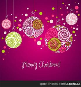 Purple card with christmas balls, vector illustration