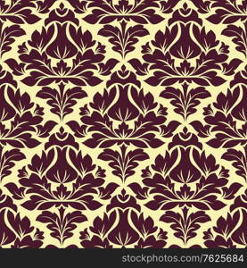 Purple colored floral arabesque seamless pattern in damask style repeat drawing suitable for wallpaper, tiles and fabric design isolated over beige colored background in square format