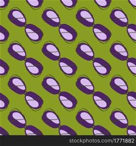 Purple contoured plum silhouettes seamless doodle pattern. Green background. Abstract fruits backdrop. Designed for fabric design, textile print, wrapping, cover. Vector illustration.. Purple contoured plum silhouettes seamless doodle pattern. Green background. Abstract fruits backdrop.