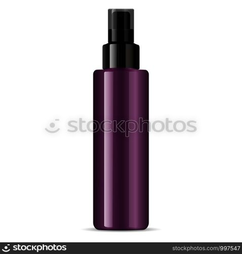 Purple cosmetic glossy plastic or glass bottle with black dispenser spray pump. Sprayer Liquid container for gel, lotion, cream, serum, base. Beauty cosmetics product package. Vector illustration.. Cosmetic glossy glass bottle black dispenser spray