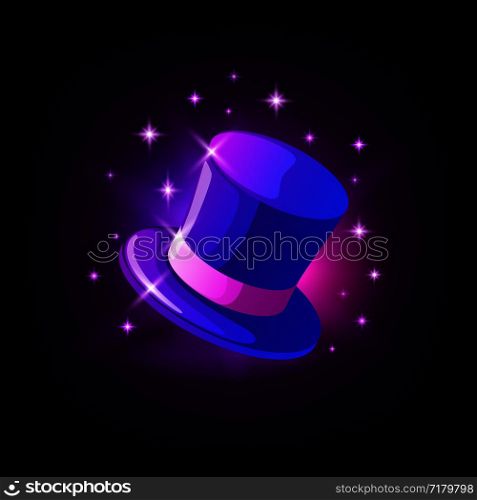 Purple cylinder hat, magicians hat, slot icon for online casino or logo for mobile game on dark background, vector illustration. Purple cylinder hat, slot icon for online casino or logo for mobile game on dark background, vector illustration.