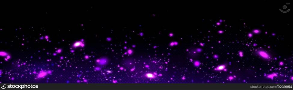Purple firefly light with fairy dust. Magic glow isolated vector effect. Night bokeh glowworm sparkle texture isolated on dark transparent background. Beautiful flare overlay with glitter particle. Purple firefly light, magic glow effect vector