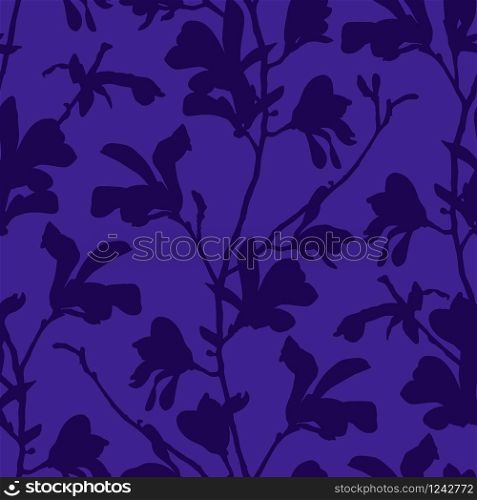 Purple floral background with branch and magnolia flower. Seamless pattern with magnolia tree blossom. Spring design with floral elements. Hand drawn botanical illustration. Purple floral background with branch and magnolia flower. Seamless pattern with magnolia tree blossom. Spring design with floral elements. Hand drawn botanical illustration.