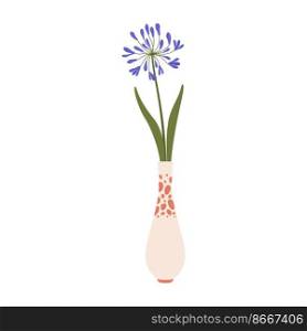 Purple flower in scandinavian vase, interior decoration element. Vector fresh floral bouquet, cartoon blossom. Ceramic jug with elegant flower. Scandinavian vase with flower, floral decoration