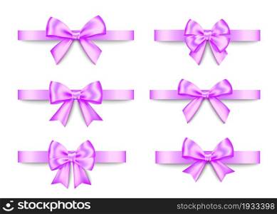 Purple gift bows set isolated on white background. Christmas, New Year, birthday violet decoration. Vector realistic decor element for banner, greeting card, poster.