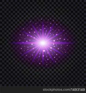 Purple glowing light flash effect with shiny sparkles. Vector illustration