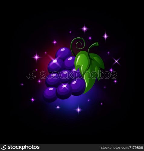 Purple grapes bunch with green leaf and sparkles, slot icon for online casino or logo for mobile game on dark purple background, vector illustration. Purple grapes bunch with green leaf and sparkles, slot icon for online casino or logo for mobile game on dark purple background, vector illustration.