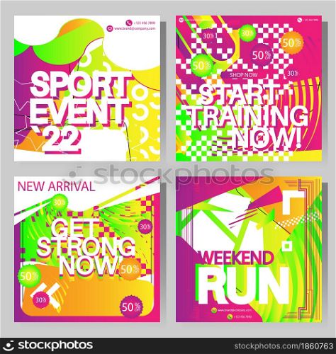 Purple, green, yellow and white sport social media banner templates with unique style. Business brochure collection. Leaflet, flyer, book cover, presentation, card template set for marketing.