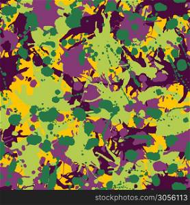 Purple green yellow ink paint splashes camouflage vector colorful seamless pattern