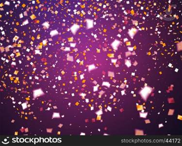 Purple holiday background with flying golden and white confetti, some are out of focus