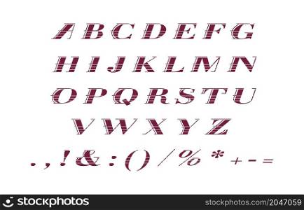 Purple italic cut style alphabet set. Vector decorative typography. Decorative typeset style. Latin script for headers. Trendy letters and numbers for graphic posters, banners, invitations texts. Purple italic cut style alphabet set