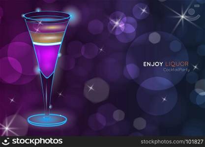 Purple layered exotic cocktail in tall glass bokeh.Neon cocktail with light glowing on black background. Design for cocktail menu, cocktail party, bar poster. Template for nightclub event or party.