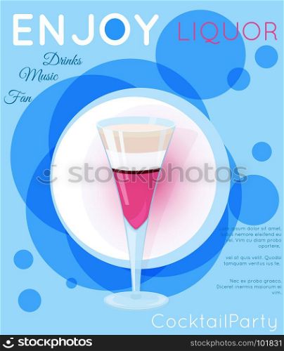 Purple layered exotic cocktail in tall glass on blue circles.Cocktail illustration on bright contemporary flat background. Design for cocktail menu, bar poster, event invitation. Template for cocktail party.