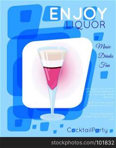 Purple layered exotic cocktail in tall glass on blue rectangles.Cocktail illustration on bright contemporary flat background. Design for cocktail menu, bar poster, event invitation. Template for cocktail party.