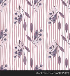 Purple leaves and rowan berries seamless pattern. Nature backdrop. Pink and white striped background. Designed for fabric design, textile print, wrapping, cover. Vector illustration.. Purple leaves and rowan berries seamless pattern. Nature backdrop. Pink and white striped background.
