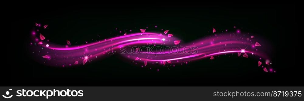 Purple light wave with sparks and leaves. Magic glow effect with star dust and sparkles. Abstract flow, isolated magician spell, shiny wizard trace, fairy lightnings, Realistic 3d Vector illustration. Purple light wave with sparks and leaves, glow