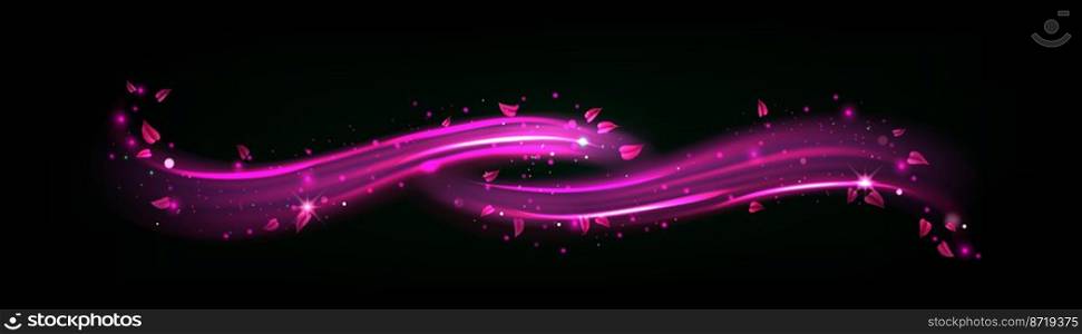 Purple light wave with sparks and leaves. Magic glow effect with star dust and sparkles. Abstract flow, isolated magician spell, shiny wizard trace, fairy lightnings, Realistic 3d Vector illustration. Purple light wave with sparks and leaves, glow