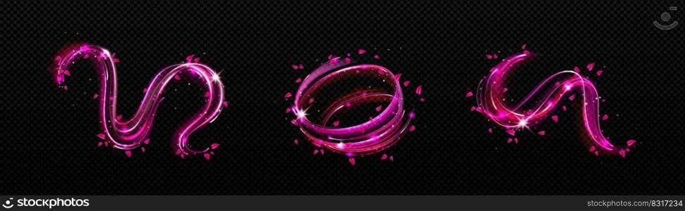 Purple light waves and circle with sparks and leaves motion effect. Magic glow with star dust and sparkles. Abstract flow, tornado vortex, isolated love magician spell Realistic 3d Vector illustration. Purple light wave with sparks and leaves, glow