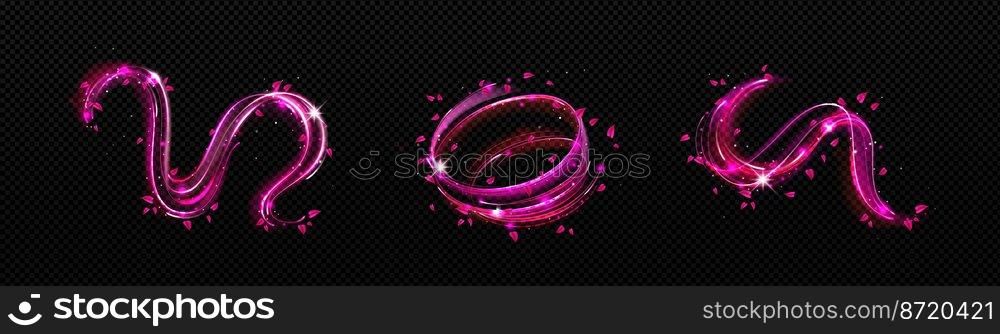 Purple light waves and circle with sparks and leaves motion effect. Magic glow with star dust and sparkles. Abstract flow, tornado vortex, isolated love magician spell Realistic 3d Vector illustration. Purple light wave with sparks and leaves, glow