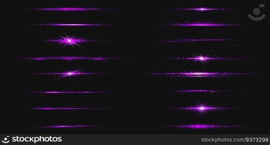 Purple line light glow with sparkle and flare shine. Horizontal violet neon streak effect isolated on transparent background. Magic flash laser strip divider with glitter shimmer design illustration. purple line light glow, sparkle and flare shine