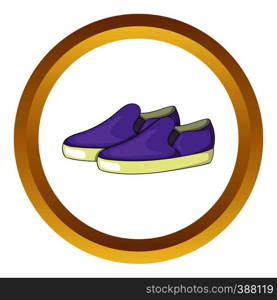 Purple loafers vector icon in golden circle, cartoon style isolated on white background. Purple loafers vector icon