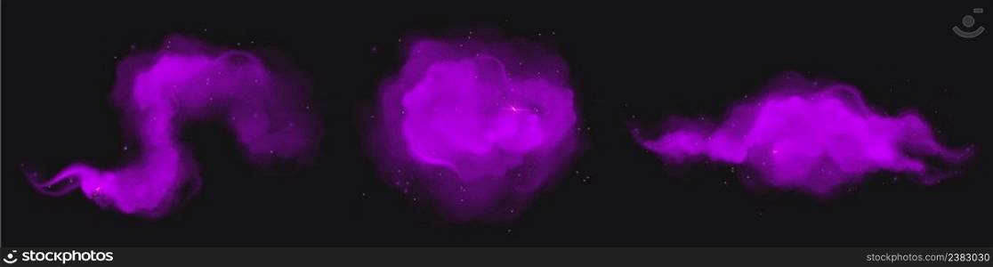 Purple magic dust clouds with sparkles and glitter, curve and round powder smoke. Holi paints of violet color, dye splashes or mystic haze on black background, Realistic design 3d vector illustration. Purple magic dust clouds with sparkles and glitter