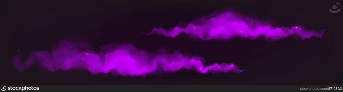 Purple magic dust trails with sparkles and glitter. Horizontal powder cloud tracks, Holi paints, violet color mysterious haze splashes on black background, Realistic design 3d vector illustration. Purple magic dust trails with sparkles and glitter