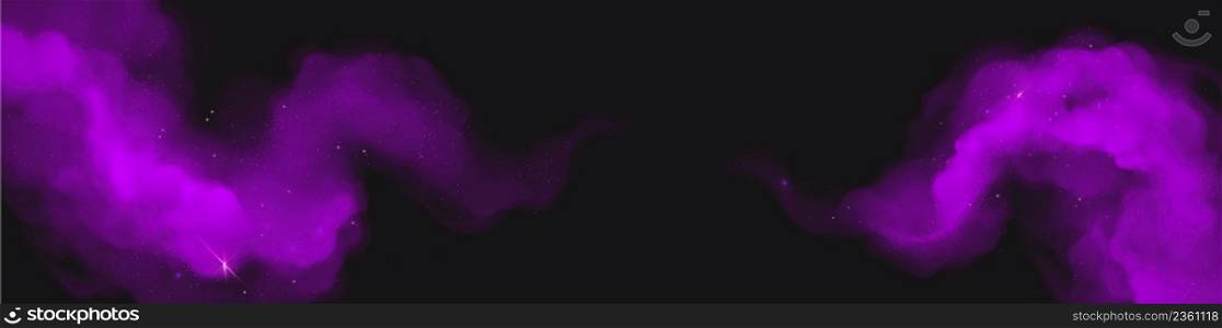 Purple magic dust with sparkles, glitter curve powder clouds, Holi paints horizontal banner template. Violet color splashes on black background, cloud explosion realistic design 3d vector illustration. Purple magic dust with sparkles, glitter clouds