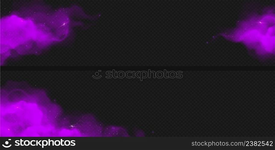 Purple magic dust with sparkles or glitter on black background. Mysterious powder clouds, Holi paints horizontal banner or frame template. Violet cloud splashes Realistic design 3d vector illustration. Purple magic dust with sparkles glitter background