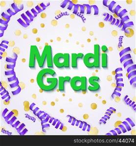 Purple Mardi Gras celebration flyer or greeting card on golden metallic confetti background