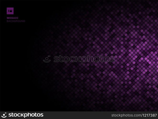 Purple mosaic pixel seamless pattern on fade out black background texture. Squares shapes repeating random color. Vector illustration