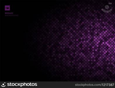 Purple mosaic pixel seamless pattern on fade out black background texture. Squares shapes repeating random color. Vector illustration