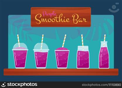 Purple natural fruit smoothies vector set. Healthy energy dessert beverage with vitamin and raw berries in bottle, jar and glass, sign Smoothie Bar and tropical leaves for organic detox diet graphic.. Purple smoothies or fruit cocktail vector set