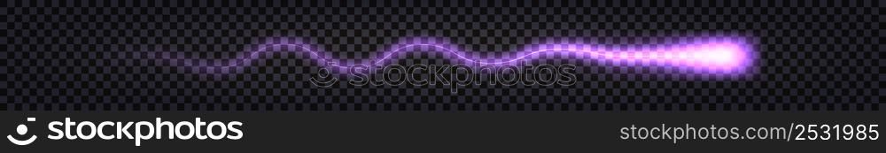 Purple neon glowing light trail, laser beam, electric thunder bolt. Wave swirl neon ray isolated on dark transparent background. Vector illustration