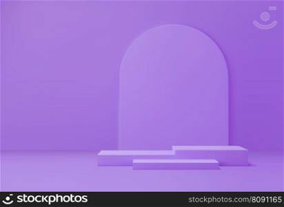 Purple or violet cosmetics podium. Realistic 3d vector square platforms or pedestals and arch, mockup for products displaying. Studio background for cosmetic presentation, minimalist showcase scene. Purple or violet cosmetics realistic vector podium