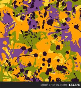 Purple, orange, green, black artistic ink paint splashes camouflage seamless vector pattern
