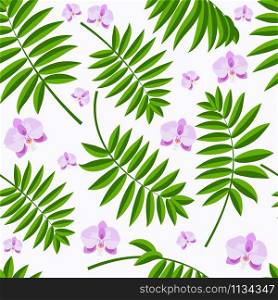 Purple orchid flowers and green palm branch on the white background vector seamless pattern