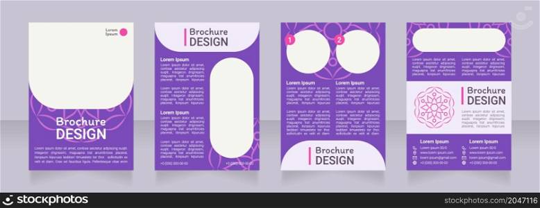 Purple ornamental blank brochure design. Template set with copy space for text. Premade corporate reports collection. Editable 4 paper pages. Roboto Light, Medium, Itim Regular fonts used. Purple ornamental blank brochure design
