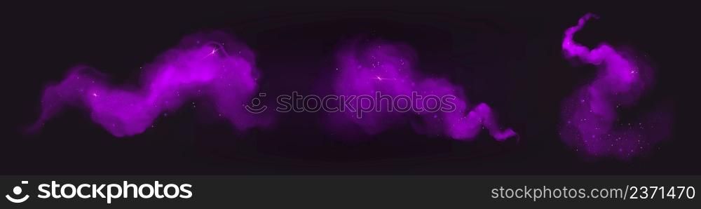Purple paint powder splashes. Flows of magic dust with glitter particles and sparkles. Vector realistic set of flowing violet clouds of fog or steam with shimmer isolated on black background. Purple paint powder splashes. Flows of magic dust