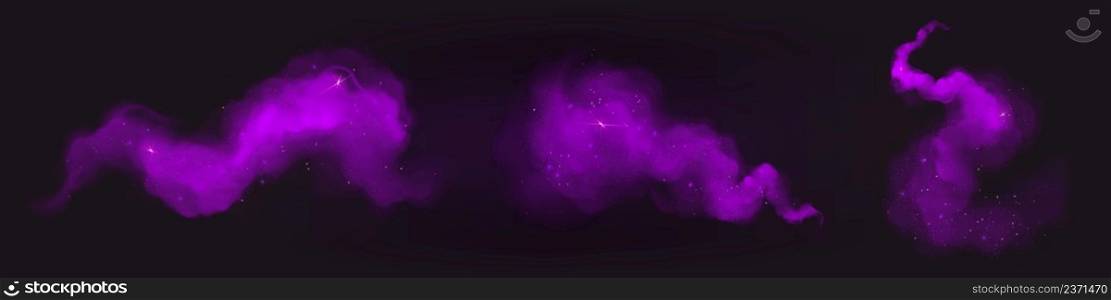 Purple paint powder splashes. Flows of magic dust with glitter particles and sparkles. Vector realistic set of flowing violet clouds of fog or steam with shimmer isolated on black background. Purple paint powder splashes. Flows of magic dust