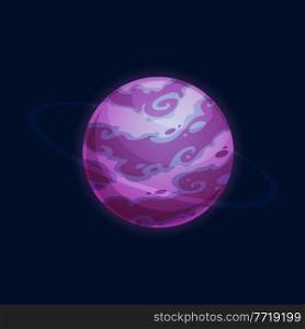Purple planet martians world isolated alien galaxy cartoon icon. Vector violet globe, fantasy universe, imaginary outer space planet ui or gui game design. Martians world, fantastic mystery globe. Planet fantasy alien galaxy universe isolated icon