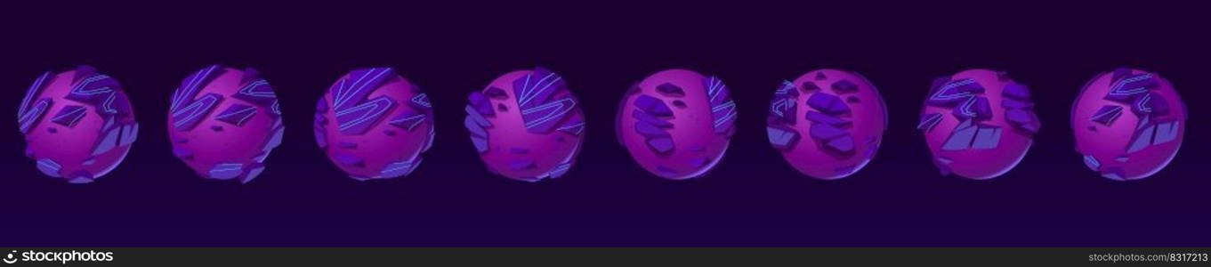 Purple planet turnaround animation, violet globe with rocky surface rotation sprite sheet, sequence frame of turning and moving around of orbit. Alien planet in space, Cartoon vector illustration. Purple planet turnaround animation, globe rotation