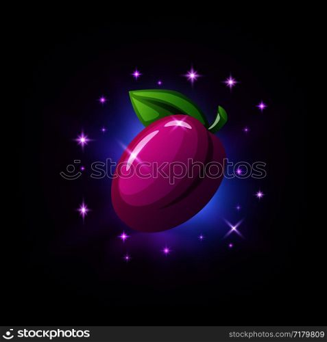 Purple plum with green leaf and sparkles, slot icon for online casino or logo for mobile game on dark purple background, vector illustration. Purple plum with green leaf and sparkles, slot icon for online casino or logo for mobile game on dark purple background, vector illustration.
