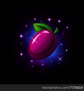 Purple plum with green leaf and sparkles, slot icon for online casino or logo for mobile game on dark purple background, vector illustration. Purple plum with green leaf and sparkles, slot icon for online casino or logo for mobile game on dark purple background, vector illustration.