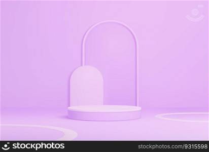 Purple podium with arch, realistic 3d platform or pedestal mockup for showcasing cosmetics during presentation. Professional and sleek vector background for promoting beauty or skincare products. Purple podium with arch, realistic 3d platform