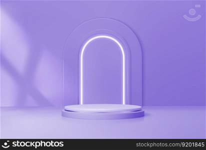 Purple podium with arch. Realistic platform or pedestal in studio for showcasing cosmetic items during presentations. Vector background with round stand mockup and shadow of window frame on the wall. Purple podium with arch, realistic platform mockup