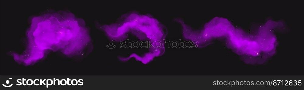 Purple powder clouds, magic dust splashes and flows. Vector realistic set of flowing violet steam or fog, paint powder with glitter particles and sparkles isolated on black background. Purple powder clouds, magic dust splash and flow