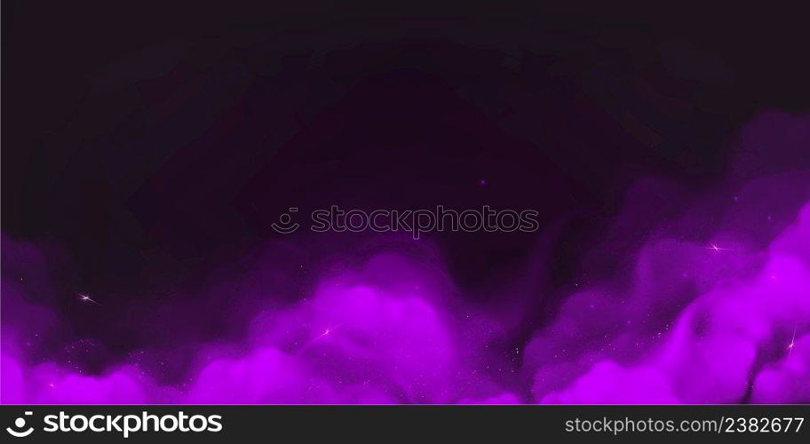 Purple powder clouds texture. Abstract effect of color mist or smog with glitter particles. Vector realistic illustration of violet steam, magic dust splash with sparkles on black background. Purple powder, magic dust clouds texture