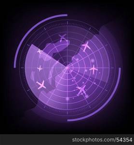 Purple radar screen with airplane and map, stock vector