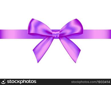 Purple realistic gift bow with horizontal ribbon isolated on white background. Vector holiday design element for banner, greeting card, poster.